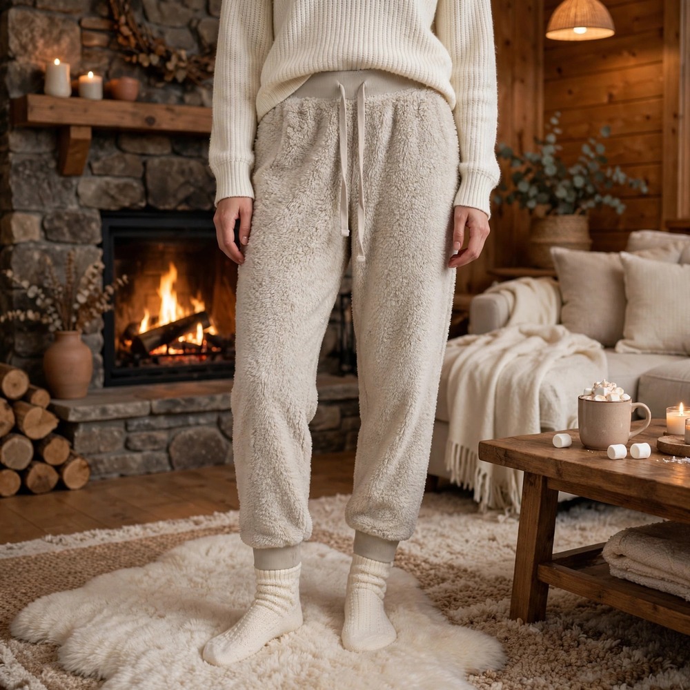 Lounge Affair Womens Fleece Lounge Pants Drawstring Waist Beige Size L